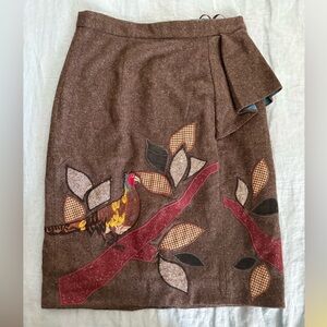Floreat Brown A-Line Skirt with Bird and Leaf Appliqué